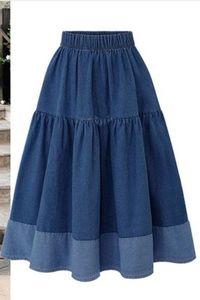 Jupe longue en jean taille haute pour femme, coupe trapèze, avec fente avant, délavée, unie, décontractée, coupe ample, style automne - Product Image 4