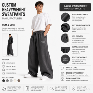 Pantalon de jogging décontracté gris pour homme, coupe oversize, jambe large, en molleton de coton, taille élastique avec cordon de serrage, poches, respirant, logo personnalisé - Product Image 3
