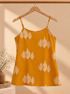<b>Women's</b> Mustard <b>Yellow</b> Spaghetti Strap Tank <b>Top</b> With Leaf Print Casual Breathable Cotton Linen Blend Spring Summer Wear - Product Image 4