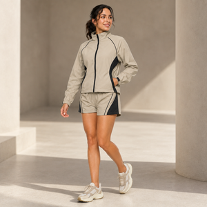 Ensemble de shorts sportifs 2 pièces pour femmes, manches longues, col à capuche, écologique, imperméable, séchage rapide, polyester, coupe régulière, printemps - Product Image 6