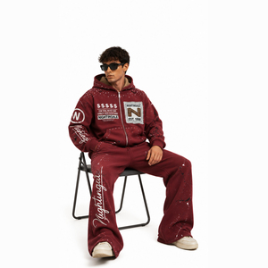 Streetwear Rhinestone Zip <b>Hoodie</b> Sweat Pants Set Acid Wash Man Oversized Oversized Fleece Tracksuit Wide Leg Streetwear Set Men - Product Image 4