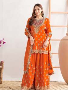 Traje Salwar de seda Chinon listo para usar, con bordado de diseño, trabajo de codificación de secuencias y trabajo de diamantes con espejo, completamente cosido. - Product Image 3