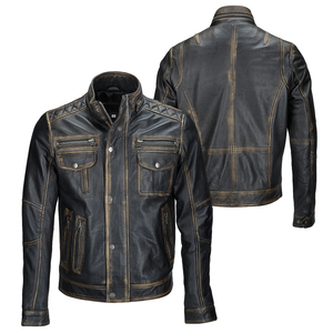 OEM Service <b>Men's</b> Genuine <b>Leather</b> Motorcycle <b>Jacket</b> Stand Collar Zipper Closure Solid Color Pockets Design Windproof <b>Jacket</b> - Product Image 1