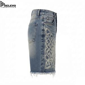 Shorts en jean premium brodés à nœuds, style vintage délavé à l'acide, multi-panneaux, coupe skate avec ourlet brut vieilli, toutes couleurs/designs - Product Image 3