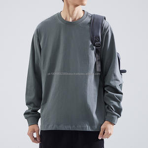 260 lourd petit décolleté à manches longues T-shirt hommes coton couleur unie à capuche col rond blanc avec une base chemise hommes - Product Image 4