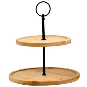 Two Tier Bamboo Cake Stand <b>Round</b> Handmade <b>Serving</b> <b>Tray</b> Set with Metal Handle - Product Image 4