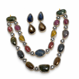 Parure Collier et Boucles d'Oreilles en Argent 925 Plaqué Or avec Pierres Précieuses Multicolores pour Femme, Bijoux Ethniques de Mariée, Idéal Cadeau - Product Image 3