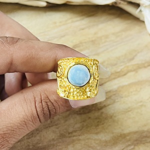 Latest Design Larimar <b>Rings</b> Boho Floral Brass Jewelry Women 18k <b>Gold</b> Plated Hammered <b>Cocktail</b> Wide <b>Ring</b> for Wholesale/OEM/ODM - Product Image 4