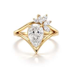 2.01CT Pear Cut Diamond Floral Cluster <b>Ring</b> Set For Unisex Lab Grown 14K Solid Gold Fine <b>Proposal</b> For Wedding Occasion Jewelry - Product Image 1