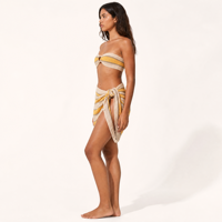 OEM ODM Personnalisé Bikini trois pièces en maille ajourée rayée avec haut bandeau à anneau en O et paréo assorti, Maillot de bain de plage pour femme, Vente en gros
