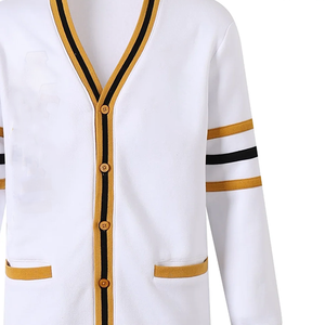 Custom Alpha White Fraternity <b>Cardigan</b> Gold <b>Black</b> Trim Front Button Full Sleeve Men's Fleece V-Neck College Wear for Bulk Buyer - Product Image 3