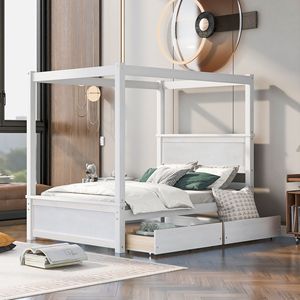 Lit à baldaquin en bois brossé blanc pleine grandeur avec deux tiroirs et sommier à lattes – Aucun sommier tapissier nécessaire - Product Image 1