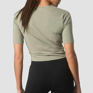 T-shirt de sport léger et court pour la gym, col rond, idéal pour l'été, personnalisable, haut de yoga en tissu spécial - Product Image 5