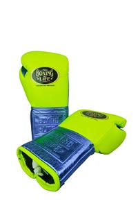 Gants d'entraînement MMA/Sanda personnalisés No Boxing No Life, jaune néon/bleu métallisé, cuir de vache véritable, lacets professionnels, pour l'extérieur - Product Image 2
