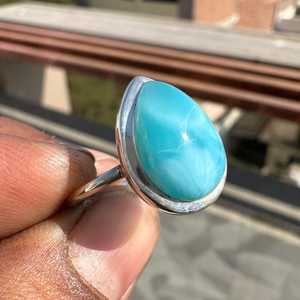 Natural Dominican Blue Larimar <b>Ring</b> 925 Sterling Silver Handmade Pear Shape Ocean Stone Jewelry Elegant Gift For Her - Product Image 4