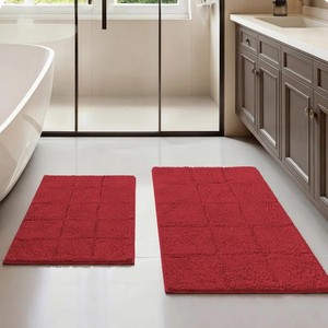 100% Handwoven Cotton Jacquard Shaggy Bathroom Mat Non-Slip Antimicrobial Luxury Cut Pile <b>PET</b> Friendly Reversible Home Hotel - Product Image 2