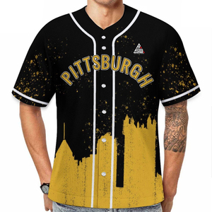 Camiseta de Béisbol Personalizada 2025 con Diseño de Paisaje Urbano en Degradado Rojo, Uniforme de Equipo con Botones, Nombre y Número Personalizados, Estilo Profesional, Manga Corta, 100% - Product Image 4
