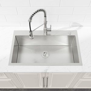 Lavello da cucina artigianale 33x22 a vasca singola in nichel spazzolato da incasso con scarico standard USA, forma quadrata e un foro - Product Image 2