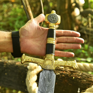 Espada larga de acero de Damasco pulido a mano de doble filo con funda de cuero |   Artículo Coleccionable Medieval para Regalo de Navidad o Exhibición Artística - Product Image 5