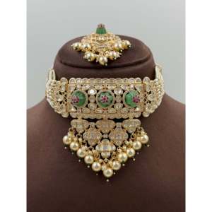 Indian Ethnic Prachi Moissanite Pearl <b>Gold</b>-Plated Bridal Choker & Earring <b>Set</b> - Product Image 2