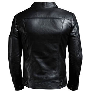 Veste moto en cuir véritable pour homme, col rabattu, fermeture éclair, coupe ajustée, tenue décontractée d'automne, noir - Product Image 4