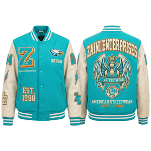 Women Varsity <b>Jacket</b> Wool Blend Body 450 GSM Turquoise <b>Cream</b> PU Leather Sleeves Custom Chenille Embroidery - Product Image 1