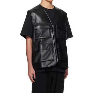 Nouveau gilet en cuir perforé noir pour homme, en cuir de vachette, pour motard, avec logo personnalisé - Product Image 3