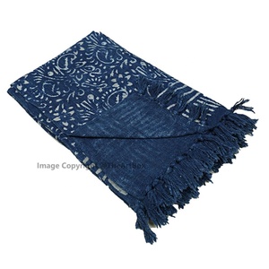 Indigo Blue Bohemian Bed <b>Cover</b> Hand Loomed Floral Printed Blanket with Tassels Home Decor Throws - Product Image 1