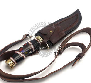 Couteau de chasse professionnel en acier Damas Newley, fait main, de collection, type Bowie, avec manche en bois de cerf et étui en cuir - Product Image 3