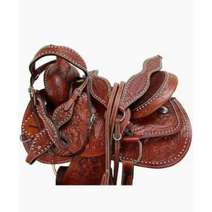 Silla de montar western hecha a mano para caballo, de cuero marrón premium, para carreras de vaqueros, con diseño floral ornamentado y estructura de fibra de vidrio duradera - Product Image 3