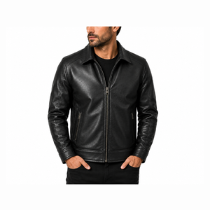 Veste moto en cuir véritable noir pour homme, col rabattu, fermeture éclair, coupe classique, pour l'automne - Product Image 1