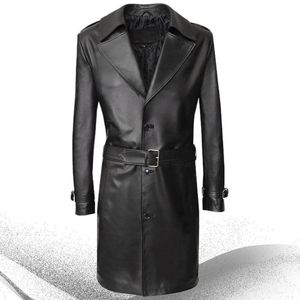 <b>Men</b> Genuine Leather <b>Long</b> Trench <b>Coat</b> Notched Lapel Single Breasted With Belt Knee Length Slim Fit - Product Image 3