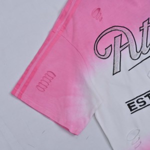 Pink Gradient Crop <b>T</b>-<b>Shirt</b> Women Oversized Short Sleeves Crew Neck Hole Decorated Soft Breathable Jersey Loose Fit Spring Summer - Product Image 4