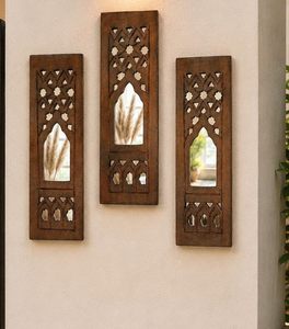 Premium <b>Wooden</b> Wall Mirror Panel Set Hand Carved Decorative Wall Hanging <b>Rustic</b> Farmhouse Accent Mirror for Living Room Hallway - Product Image 1