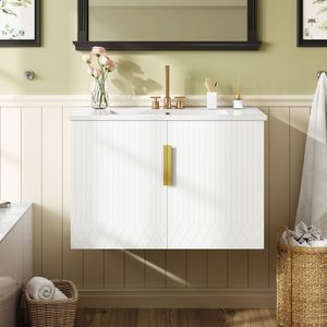Mobile Bagno Vintage da 30 Pollici con Lavabo Singolo in Ceramica a 3 Fori, 2 Armadietti con Chiusura Ammortizzata, Stile Retrò - Product Image 3