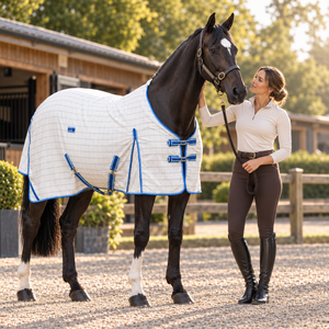 Couverture équestre pour cheval en tissu Ripstop diamanté et polaire pour le cou |   Couverture blanche à bordure bleue avec bretelles épaules et doubles boucles de poitrine - Product Image 3