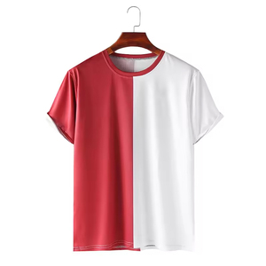 T-shirt à manches courtes pour homme, rouge et blanc, à blocs de couleur, col rond, séchage rapide, coupe classique, tricoté en polyester, décontracté - Product Image 1