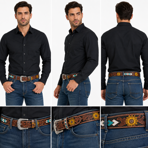 Premium Hand <b>Tooled</b> Western Leather <b>Belt</b> for Men Decorative Inlay Design with Metal Buckle - Product Image 5
