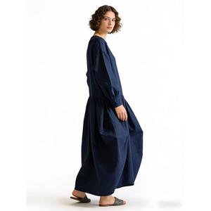 Women Navy Blue Cotton Linen Maxi <b>Dress</b> <b>Long</b> Sleeve Loose Fit Casual <b>Boho</b> Style <b>Dress</b> - Product Image 4