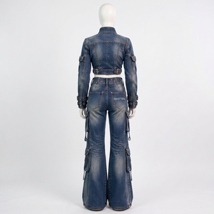 Conjunto de Dos Piezas de Mezclilla Azul para Mujer, Chaqueta Corta Estilo Cargo, Jeans Anchos con Corte Acampanado, Ropa de Moda Personalizada al por Mayor - Product Image 4