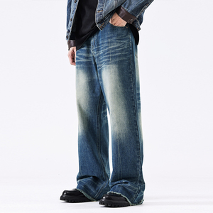 Wide Leg Distressed Denim Jeans High Waist Loose Fit Cotton Washed Casual Men's Style Spring Wear - Product Image 3
