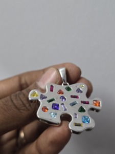 <b>Puzzle</b> Shape 925 Silver Gold Plated Pendant with Multicolor Gemstones Bezel Set Trendy Unisex Charm Everyday Wear - Product Image 3