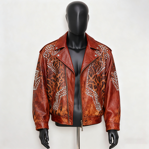 PIHA SPORTS Men's Varsity <b>Jacket</b> Green Color Block Stand Collar Casual Genuine Leather Outerwear Winter Regular Fit Biker Front - Product Image 3