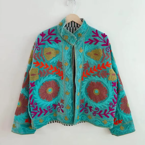 Ethnic Style Winter Jacket <b>Velvet</b> Suzani Embroidered Short Festival Coat Uzbek Duster Floral Outerwear - Product Image 1