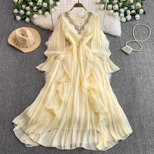 Nuovo abito da donna in Chiffon stile francese di fascia alta nuovo elegante abito Maxi con scollo a V sottile e arricciato lungo - Product Image 1