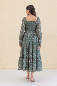 Vestido Maxi de Gasa con Estampado Floral, Mangas Largas, Cintura Elástica, Detalle Fruncido, Estilo Boho, Corte Holgado, Ropa Casual de Primavera, Hermoso - Product Image 4