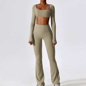 Yoga <b>Set</b> 2 Piece Crop Top High Waist Leggings Solid Color Seamless Breathable Spandex Polyester Full Length <b>Square</b> Neck - Product Image 2