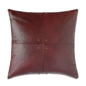 Burgundy Leather Throw Pillow Square Decorative Cushion with Stud Details - Product Image 3
