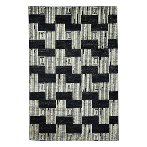 Tapis d'intérieur en laine tissé à la main noir et crème, motif géométrique, style kilim, à poils ras, motif architectural côtelé moderne - Product Image 6