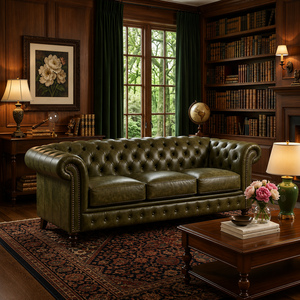 Sofá Chesterfield de Cuero Genuino de Lujo, Tapizado Profundo, de 3 Plazas, para Sala de Estar, Villa y Salón de Hotel - Product Image 1